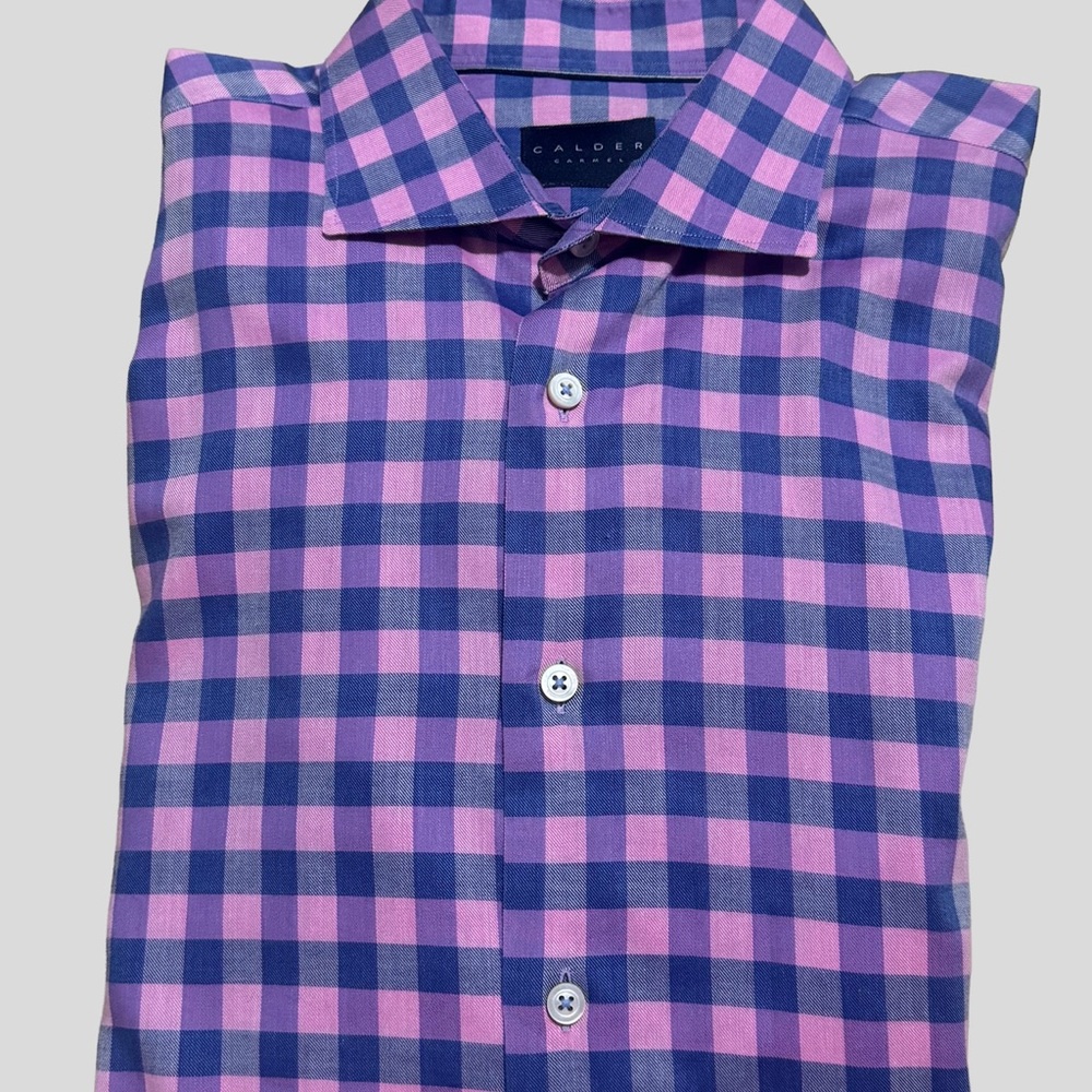 Men's Casual Pink and Blue Plaid Shirt